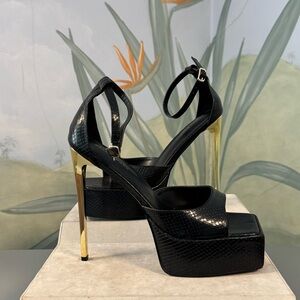 Azelea Wang Black Platform Ankle-Strap Heels with Gold Stiletto size 10